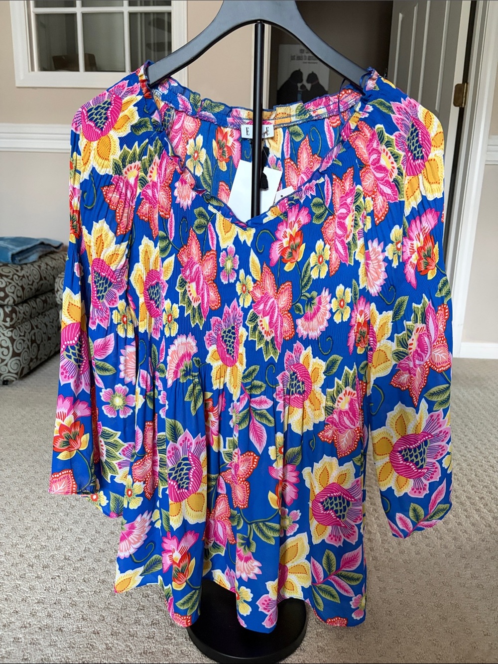 Elle Vibrant Blue Floral Blouse with Pink and Yellow Flowers
